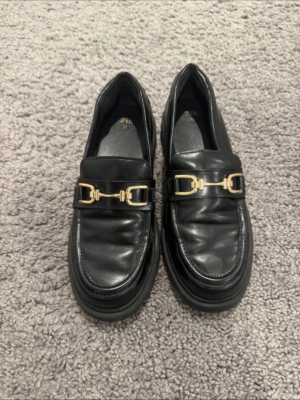 Zara Black Loafers with Gold Bit Detail